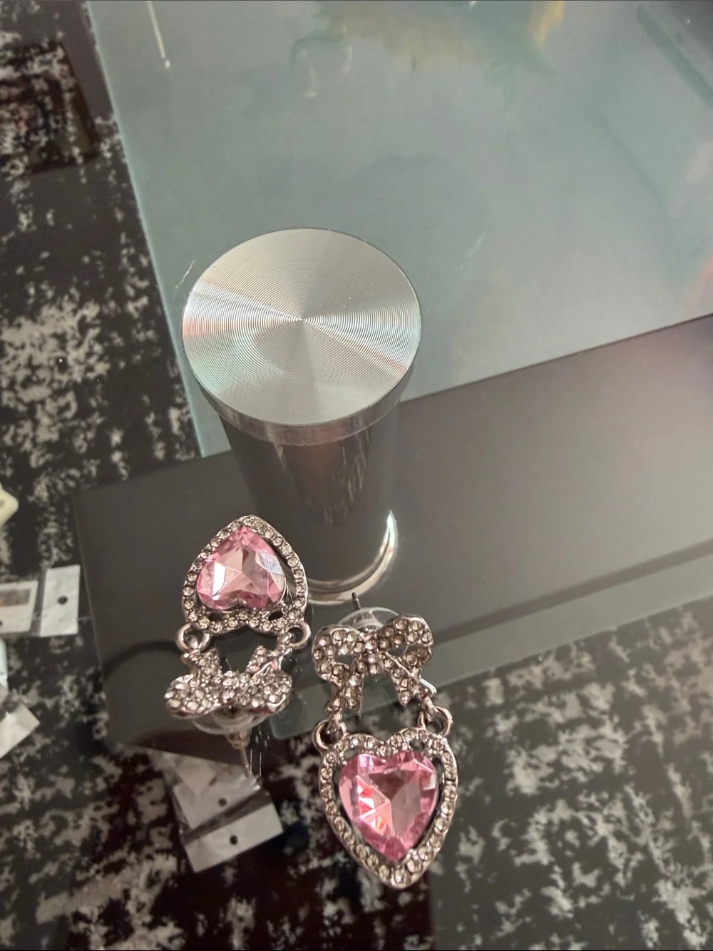 Silver-Tone Pink Heart Drop Earrings with Bow Accent